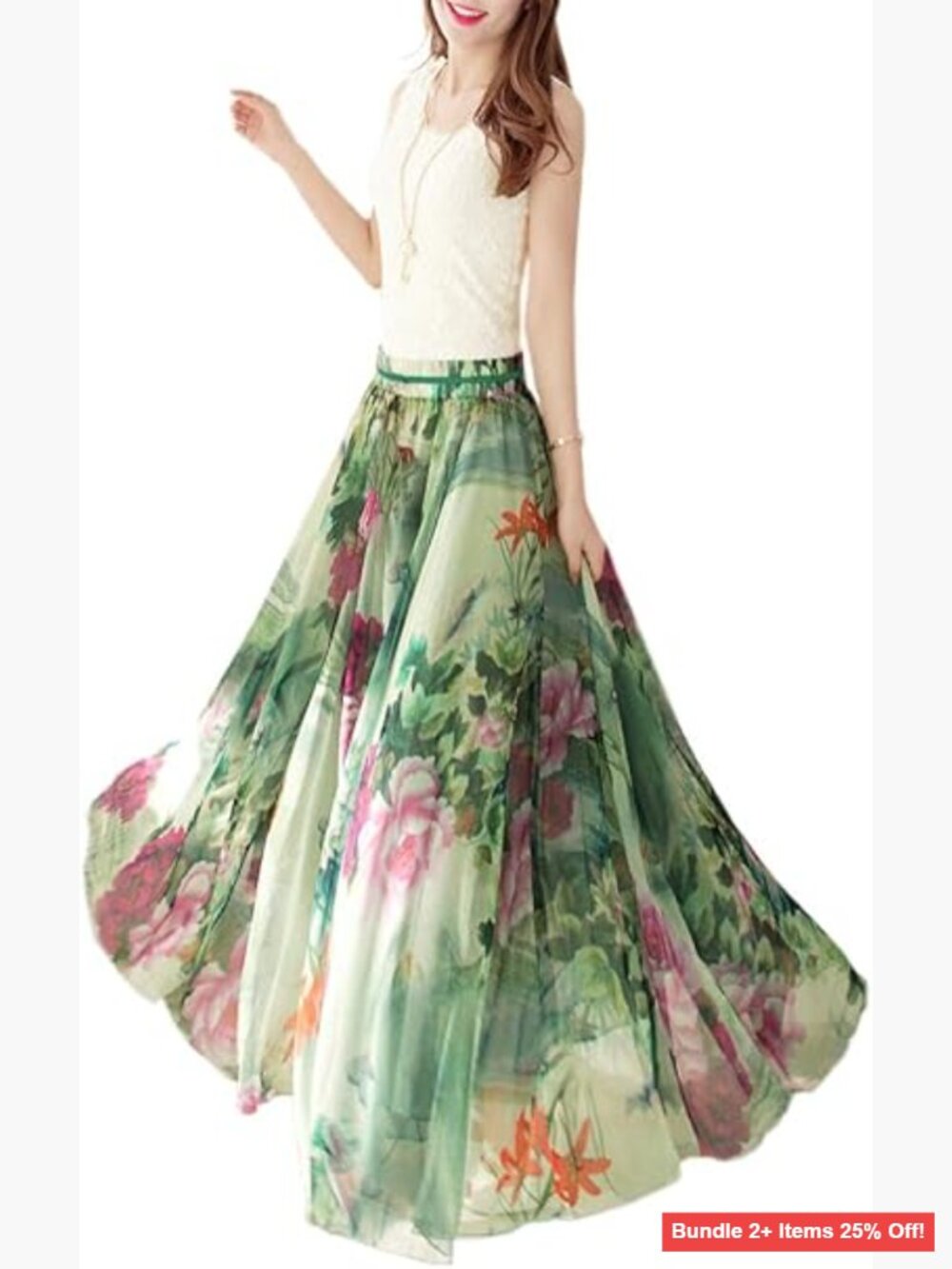 Floral Print Pleated Chiffon Maxi Skirt Elastic Waist Vintage Style